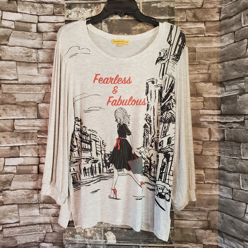 Mesh & Lace Fearless & Fabulous Blouse Pullover Puff Sleeves Studded Size Large